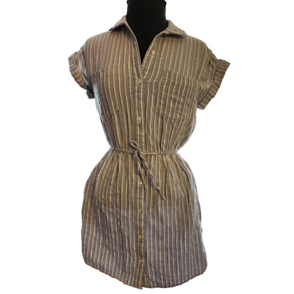 Japna Blue White Striped Cotton Mini Cap Sleeve Shirt Dress Size Small Summer E
